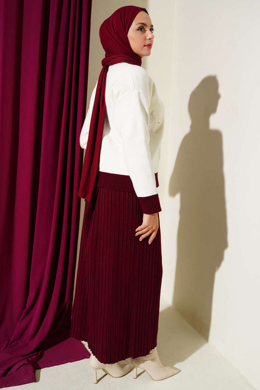 Floral Patterned Skirted Knitwear Two Piece Suit Burgundy