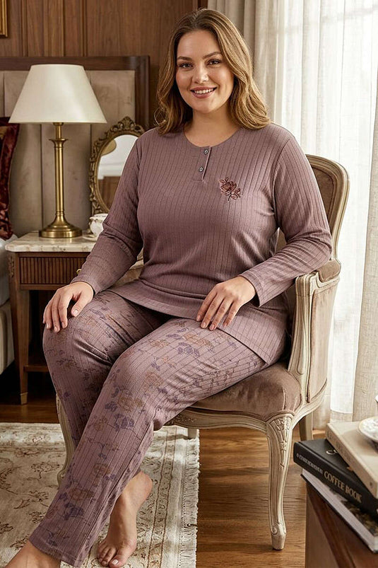 Floral Patterned Ribbed Plus Size Pajama Set in Dusty Rose
