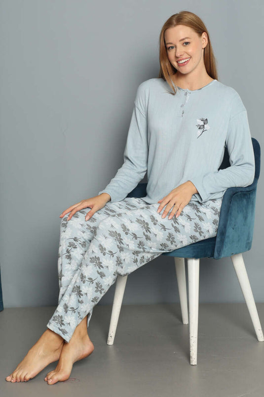 Pyjamaset met bloemenprint en ribstof, lichtblauw