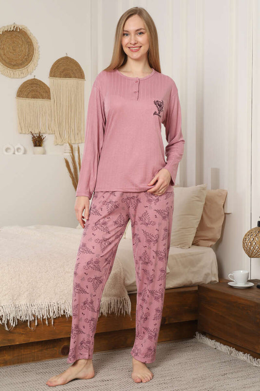 Çiçek Desenli Fitilli Uzun Kol Pijama Takımı Gül Kurusu