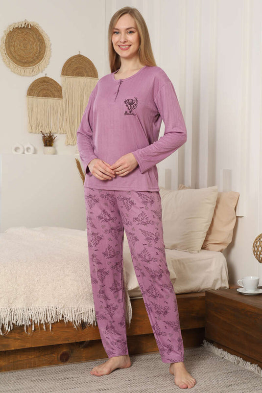 Çiçek Desenli Fitilli Uzun Kol Pijama Takımı Lila