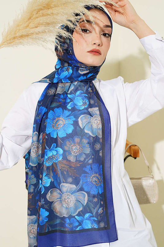 Écharpe en chiffon italien à motif floral bleu marine