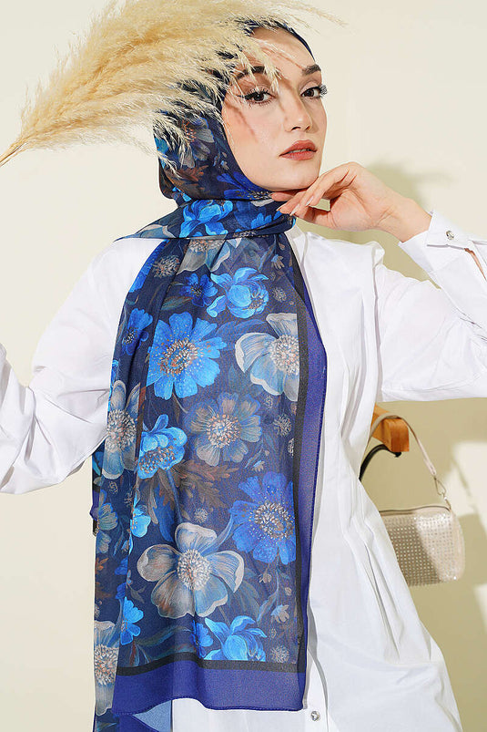 Écharpe en chiffon italien à motif floral bleu marine