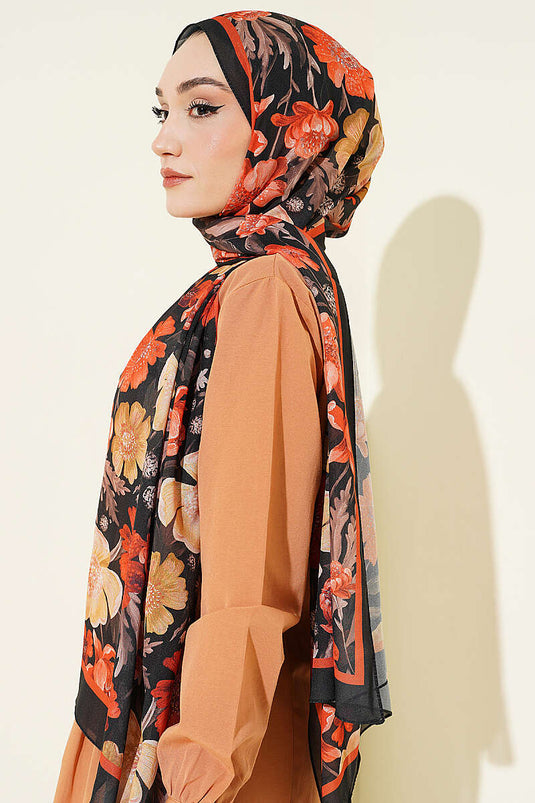 Écharpe en chiffon italien à motif floral noir et orange