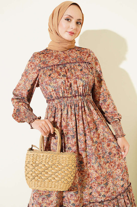 Çiçek Desenli Kadife Elbise Camel