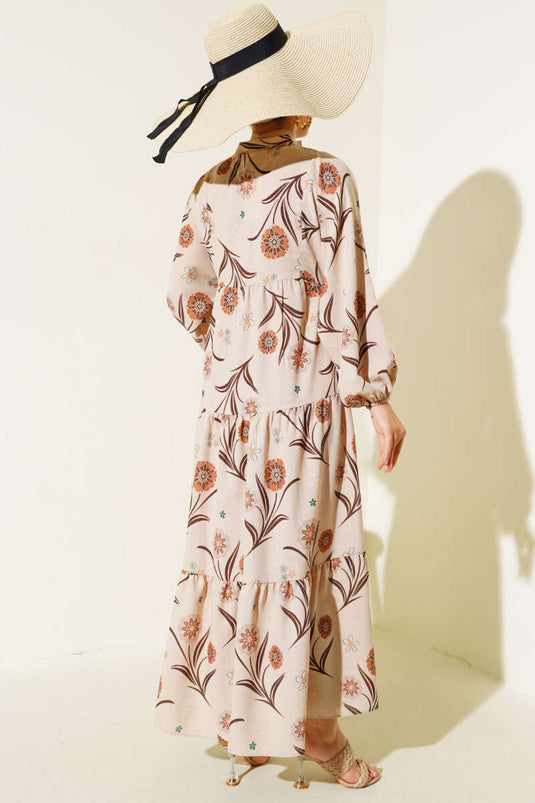 Robe Superposée à Motif Floral Camel