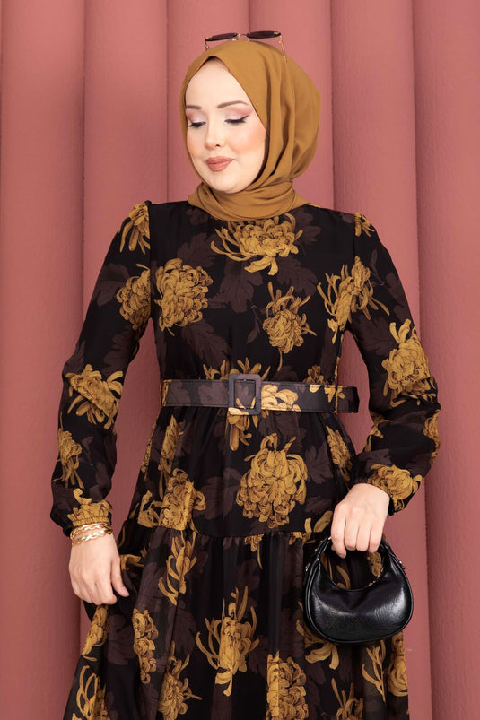 Floral Patterned Belted Chiffon Dress Dark Brown