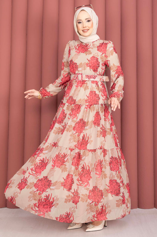 Robe en chiffon à motif floral avec ceinture, couleur vison