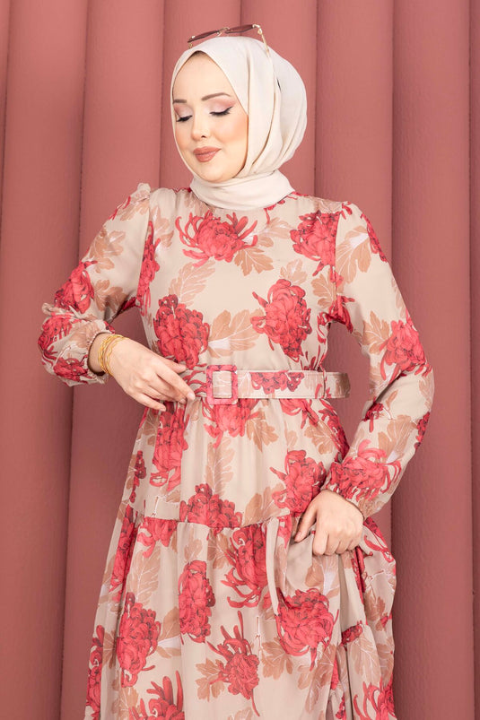 Floral Patterned Belted Chiffon Dress Mink