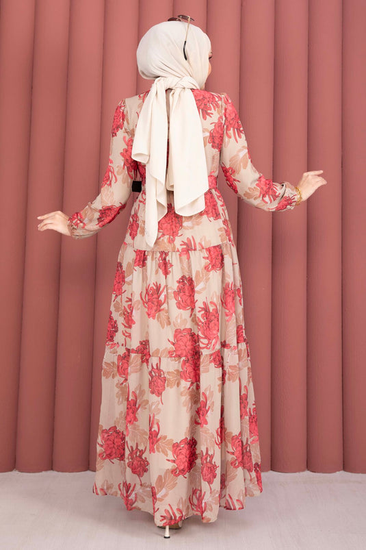 Robe en chiffon à motif floral avec ceinture, couleur vison