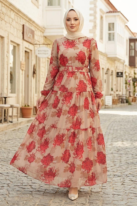 Robe en chiffon à motif floral avec ceinture, couleur vison