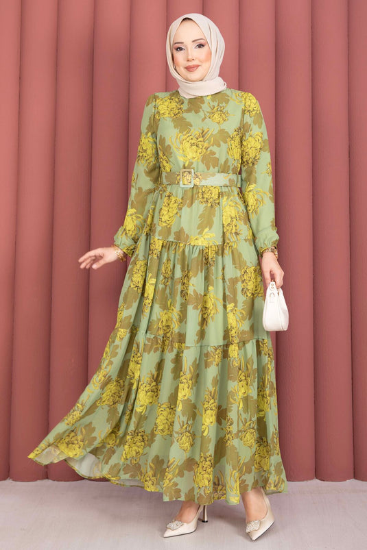 Floral Patterned Belted Chiffon Dress Green Olive