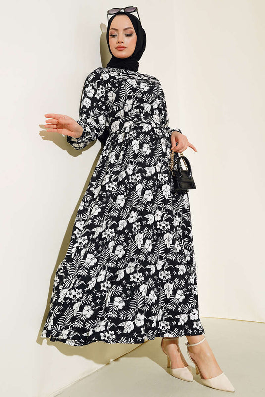 Robe Ceinturée À Motifs Floraux Noir