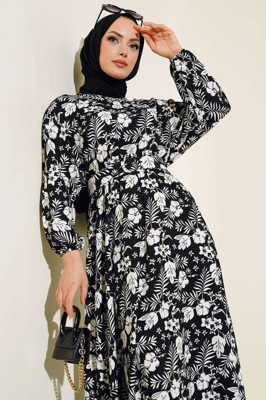 Robe Ceinturée À Motifs Floraux Noir