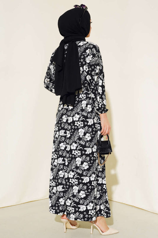 Robe Ceinturée À Motifs Floraux Noir