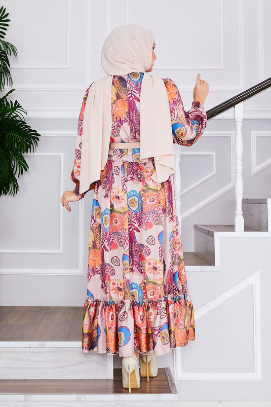 Robe Hijab à Motifs Floraux avec Ceinture Beige