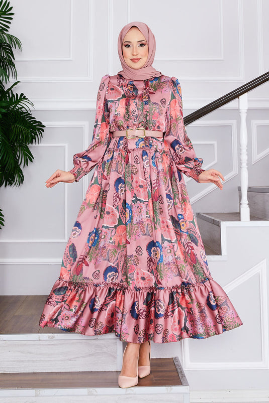 Flower Patterned Belted Modest Dress Rose Pink