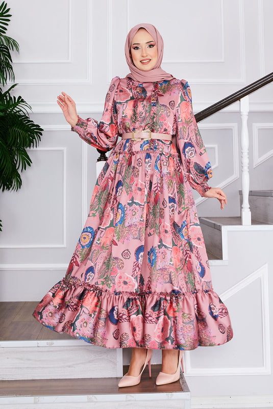 Flower Patterned Belted Modest Dress Rose Pink