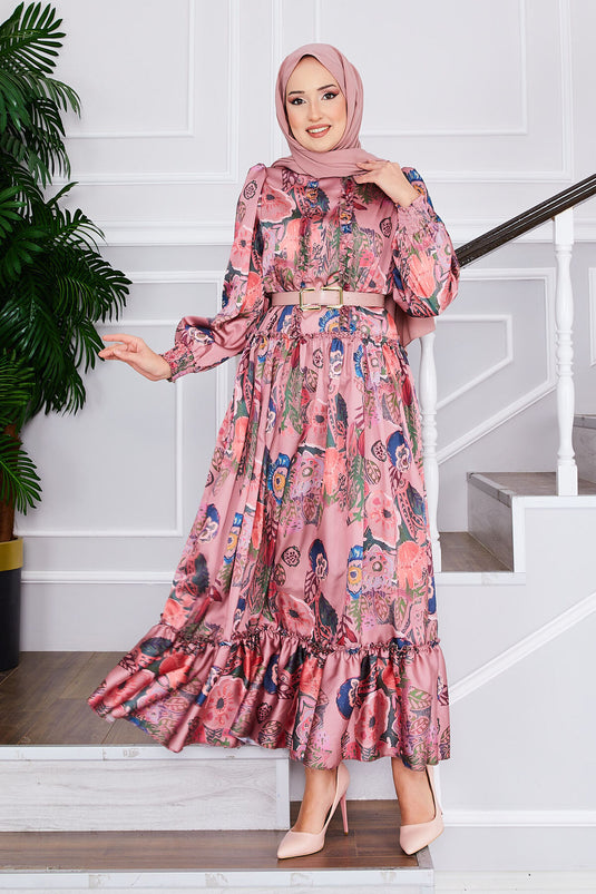 Flower Patterned Belted Modest Dress Rose Pink