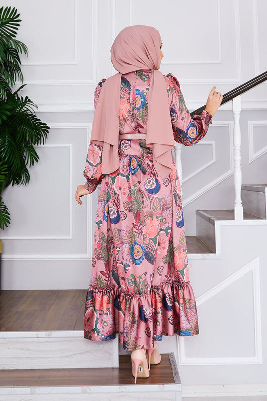 Flower Patterned Belted Modest Dress Rose Pink