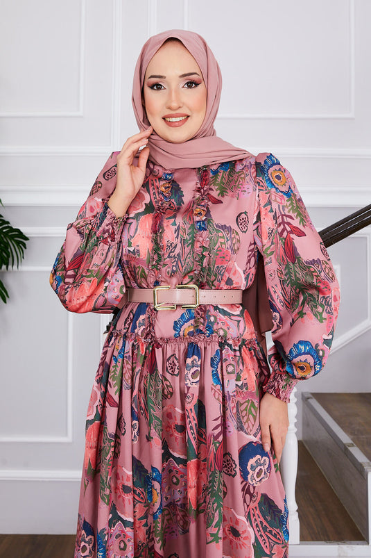 Flower Patterned Belted Modest Dress Rose Pink