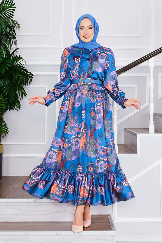 Floral Patterned Belted Modest Dress Indigo