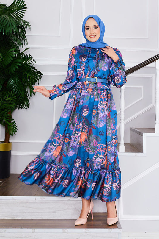 Floral Patterned Belted Modest Dress Indigo