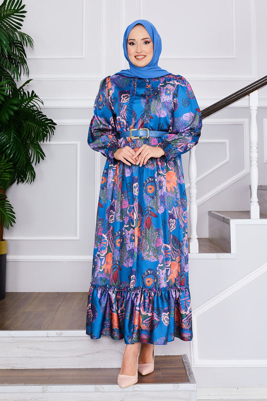 Floral Patterned Belted Modest Dress Indigo