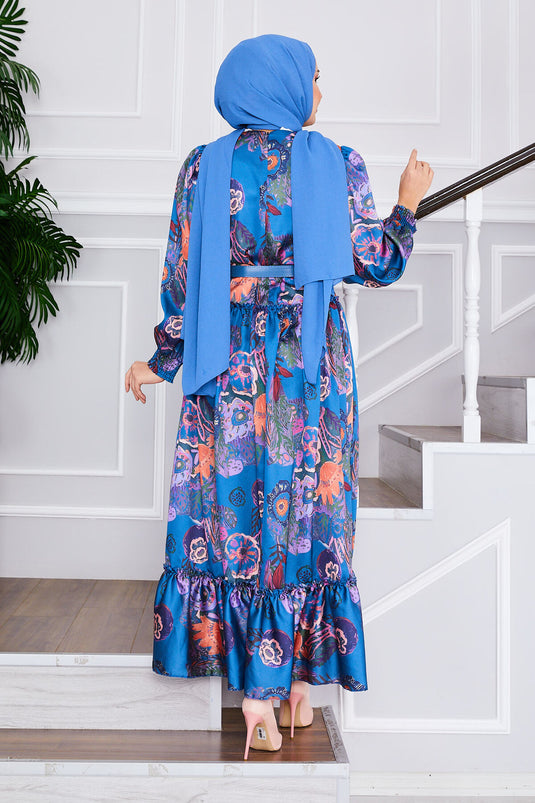 Floral Patterned Belted Modest Dress Indigo