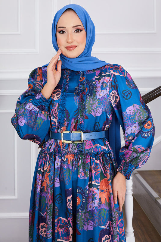 Floral Patterned Belted Modest Dress Indigo