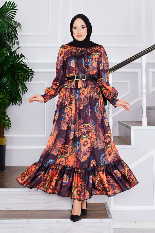 Flower Patterned Belted Modest Dress Black