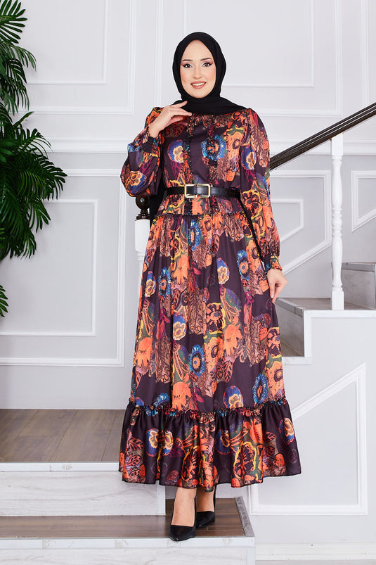 Flower Patterned Belted Modest Dress Black