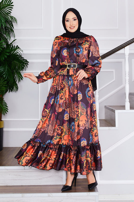 Flower Patterned Belted Modest Dress Black