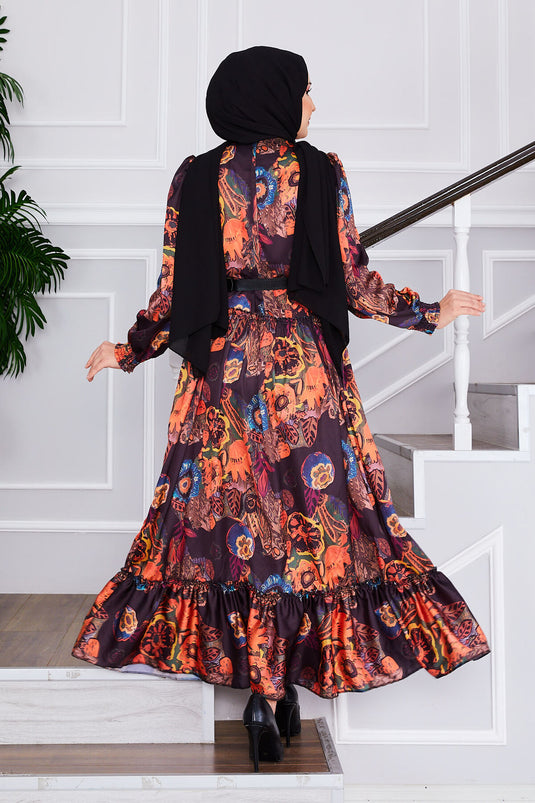 Flower Patterned Belted Modest Dress Black