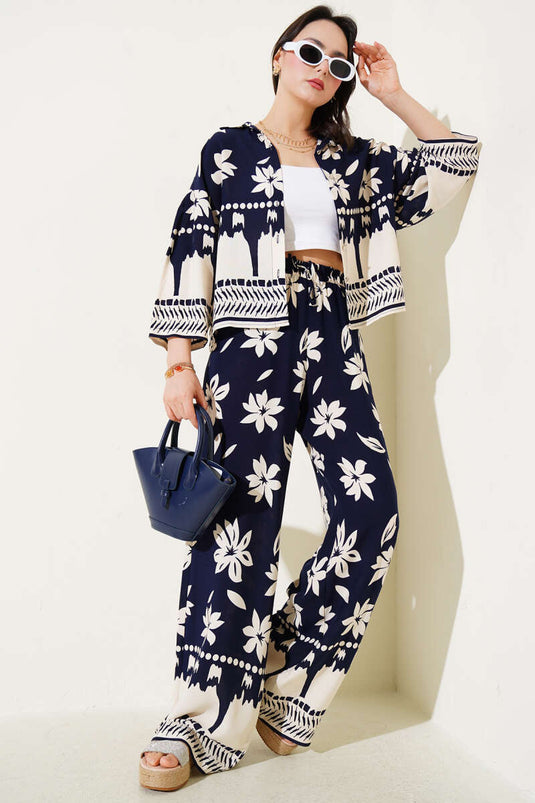 Navy Blue Two-Piece Set with Flower Patterned Short Shirt