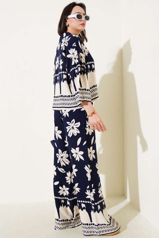 Navy Blue Two-Piece Set with Flower Patterned Short Shirt