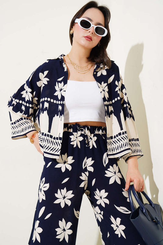 Navy Blue Two-Piece Set with Flower Patterned Short Shirt