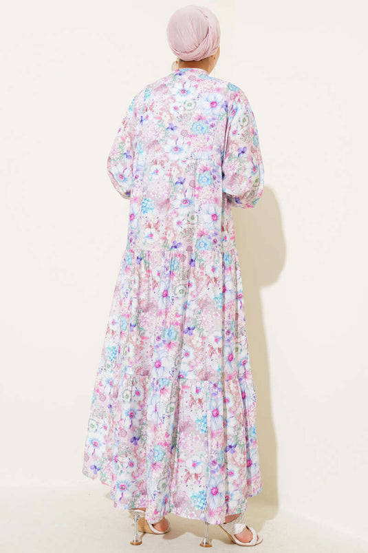 Bloemenpatroon uitlopende jurk blauw