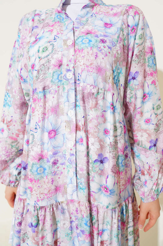 Bloemenpatroon uitlopende jurk blauw