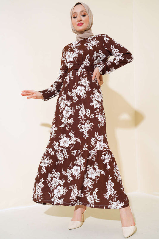 Çiçek Desenli Kuşaklı Elbise Kahve