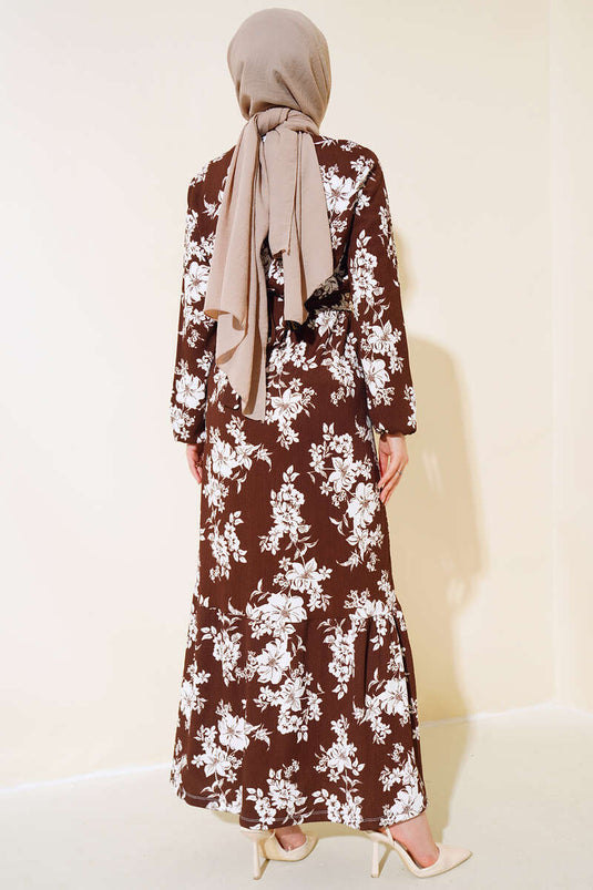 Çiçek Desenli Kuşaklı Elbise Kahve