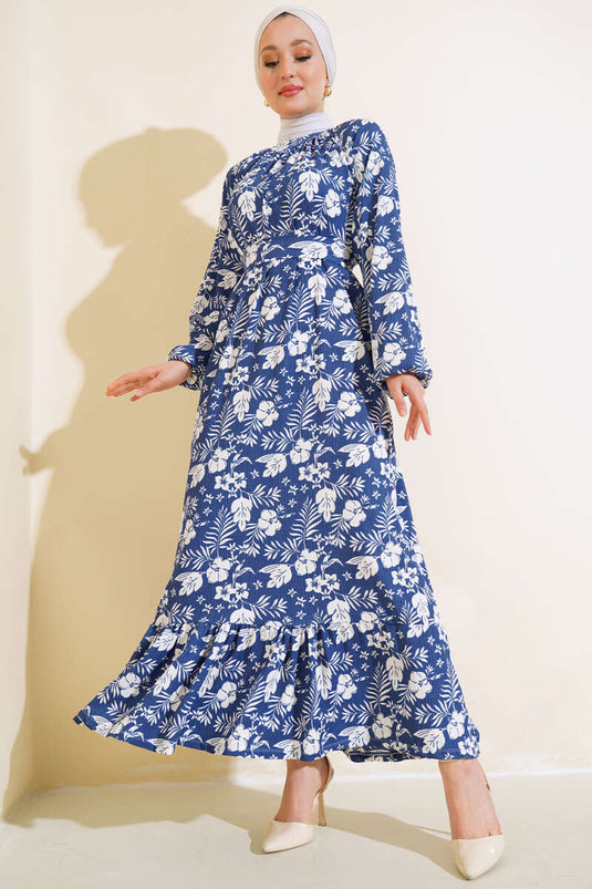 فستان بحزام ونقشة زهور باللون النيلي