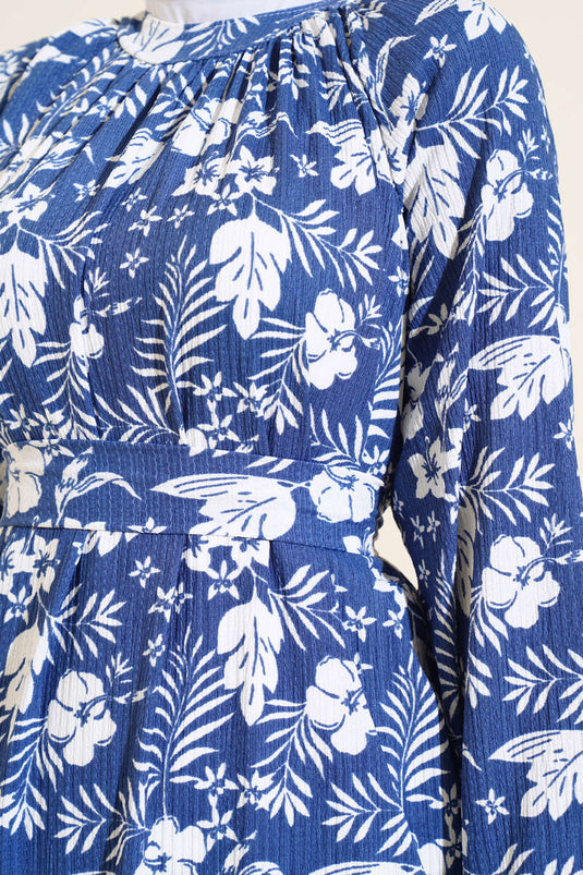 فستان بحزام ونقشة زهور باللون النيلي