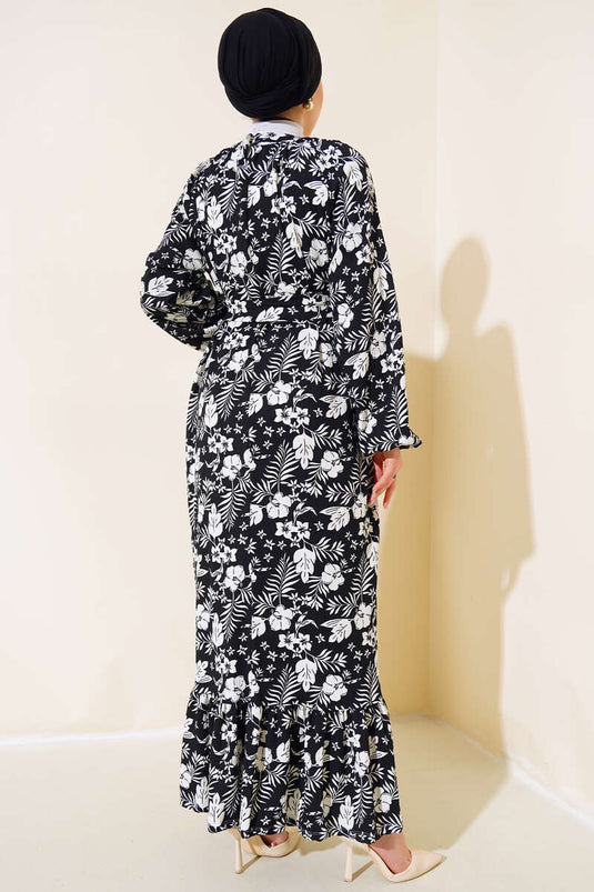 Blumengemustertes Bodenkleid mit Gürtel in Schwarz