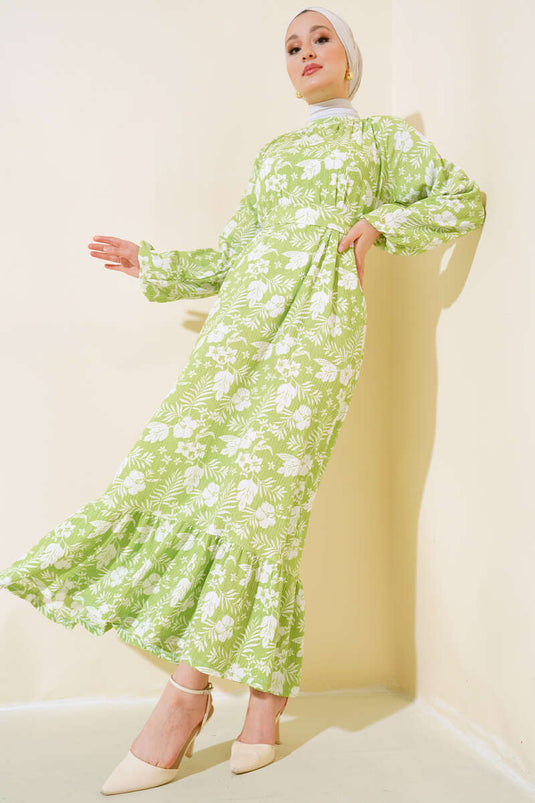 Lagenkleid mit Blumenmuster und Gürtel Grün