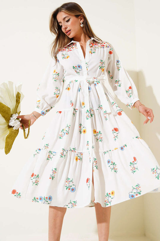 Floral Patterned Belted Midi Layered Dress White
