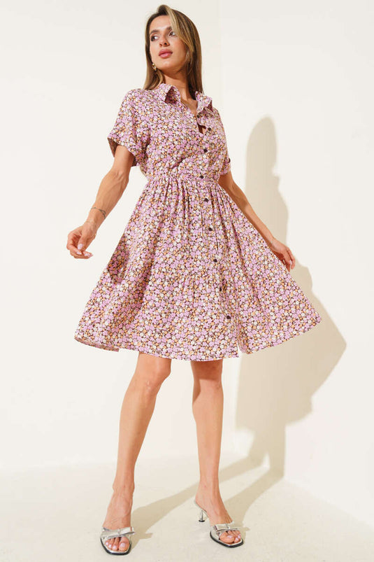 Çiçek Desenli Mini Elbise Pembe