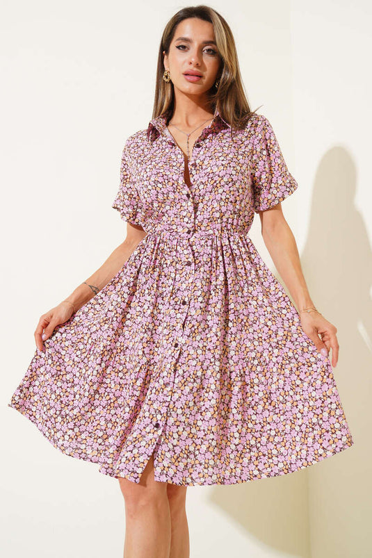 Çiçek Desenli Mini Elbise Pembe