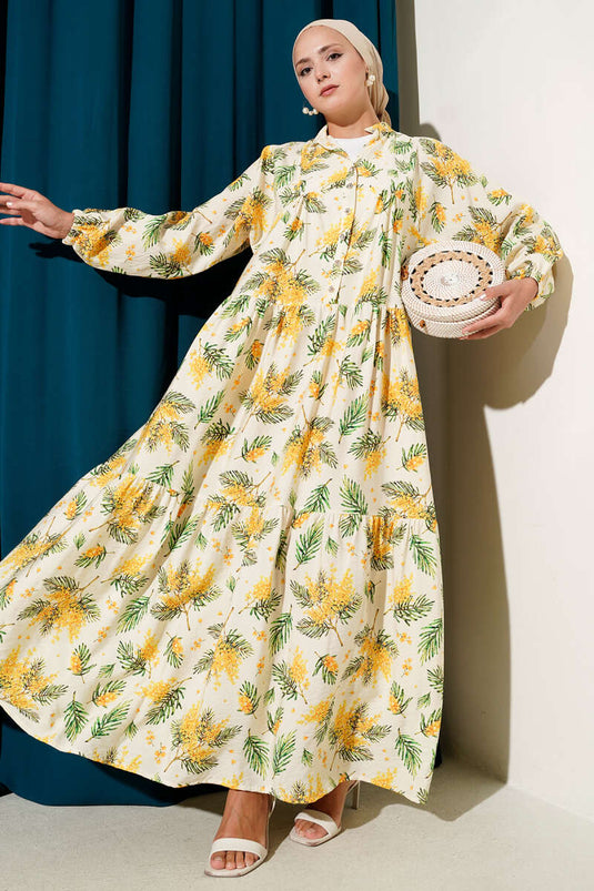 Kleid mit Blumenmuster und Karomuster Gelb