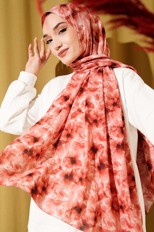 شال من قماش الرامي بنقوش زهرية، لون تيراكوتا